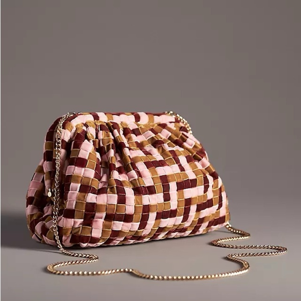 Anthropologie Pink, Brown & Gold Woven Clutch with Chain